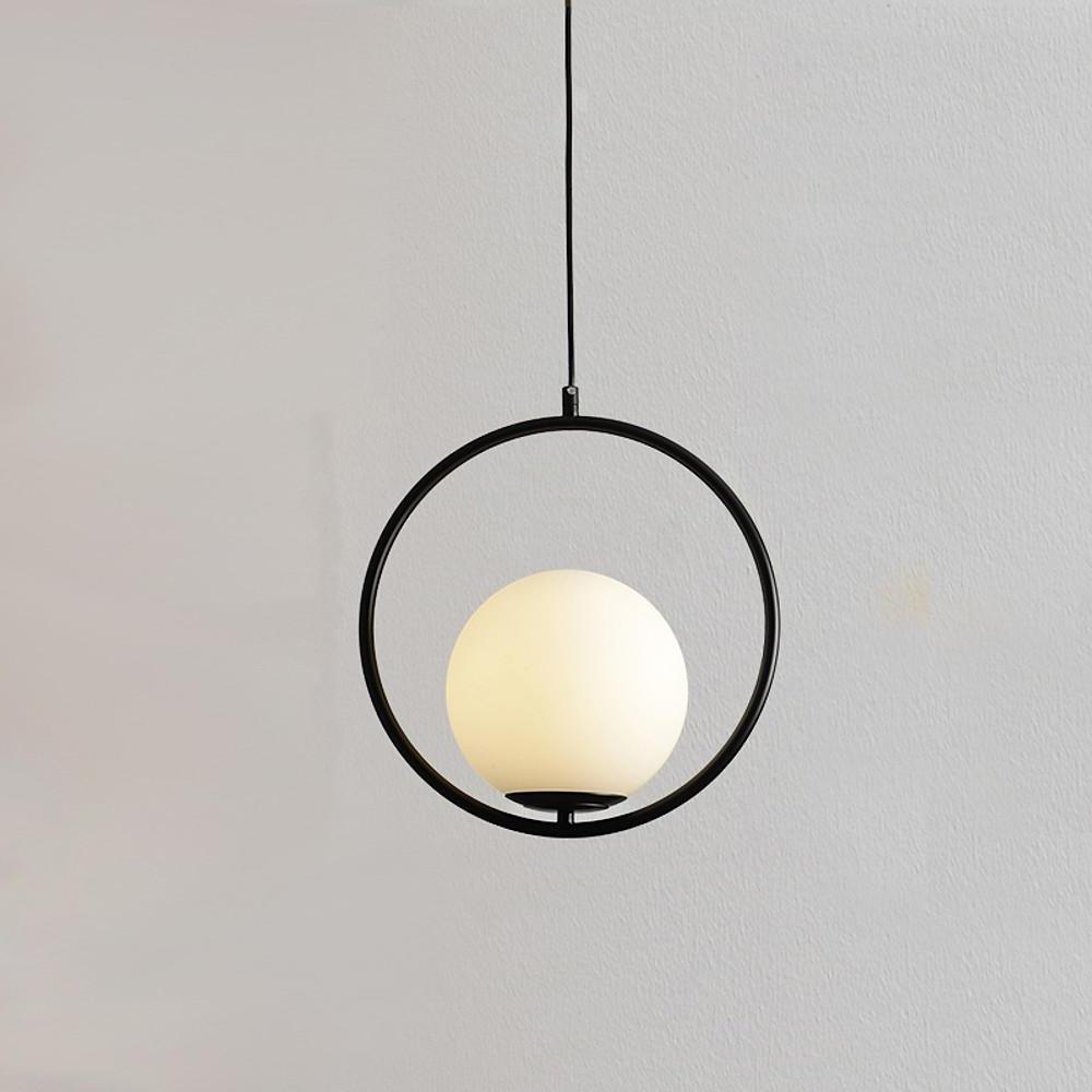 Modern Opal Glass Globe Pendant Light with Metal Ring Frame for Living Room and Bedroom