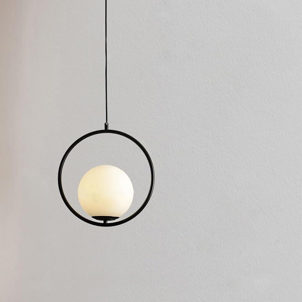 Modern Opal Glass Globe Pendant Light with Metal Ring Frame for Living Room and Bedroom