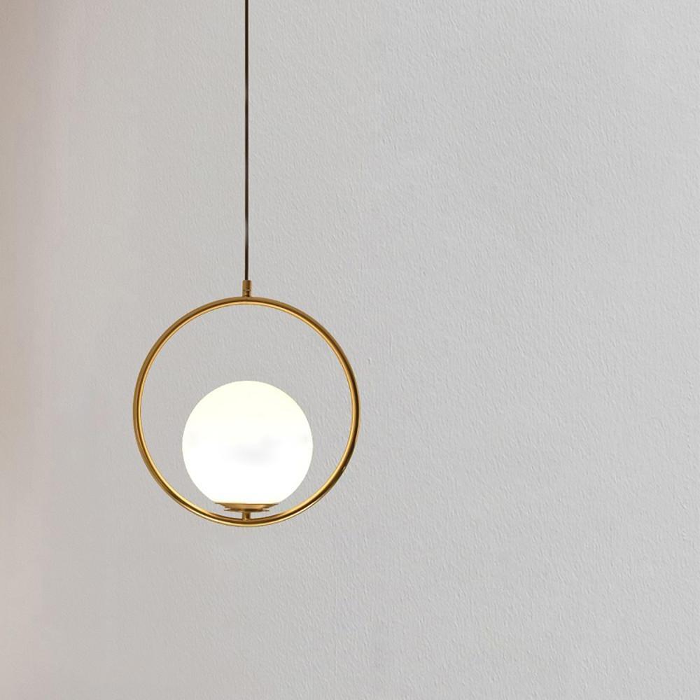 Modern Opal Glass Globe Pendant Light with Metal Ring Frame for Living Room and Bedroom