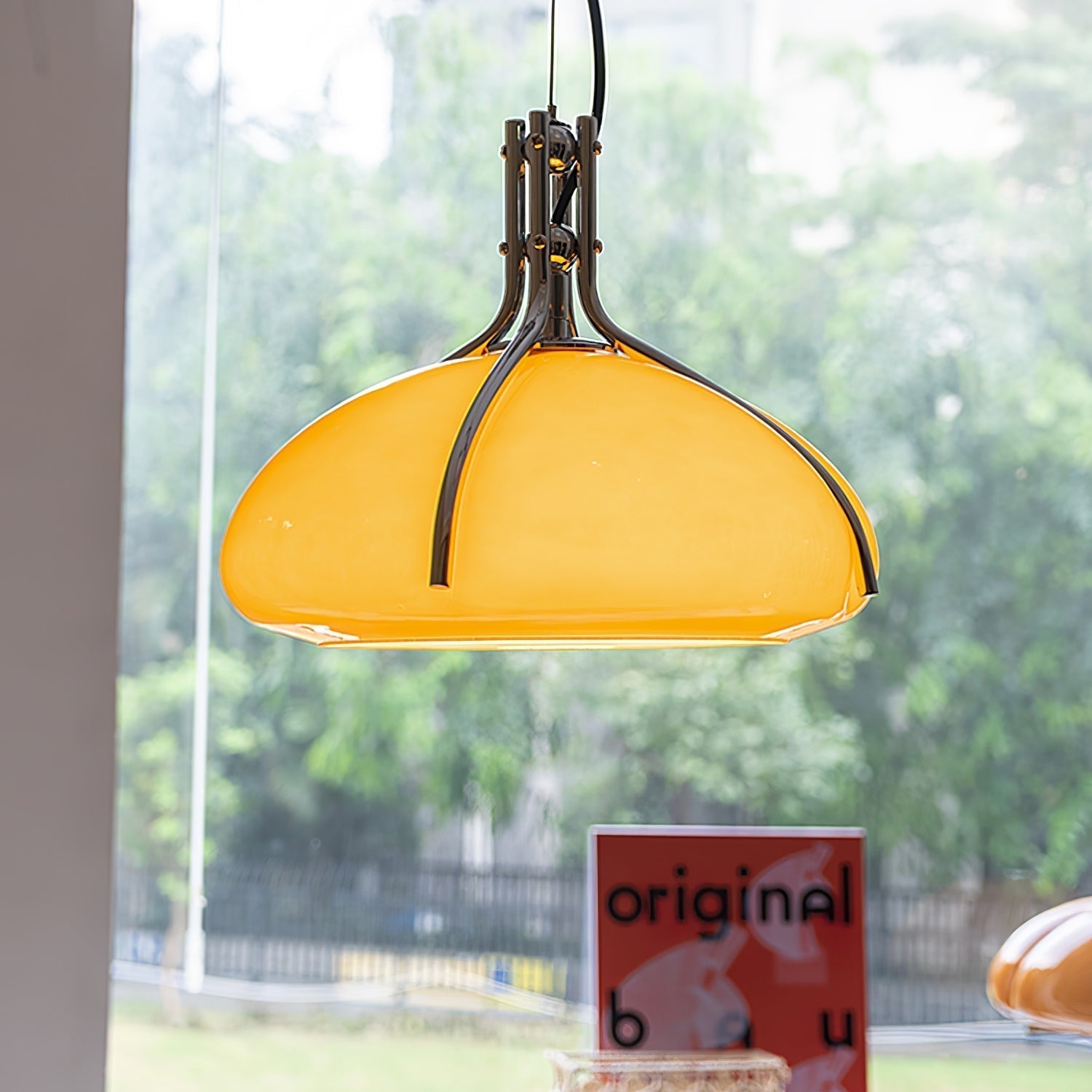 Modern Orange Plexiglass Quadrifoglio Pendant Light with Biomorphic Chrome Design
