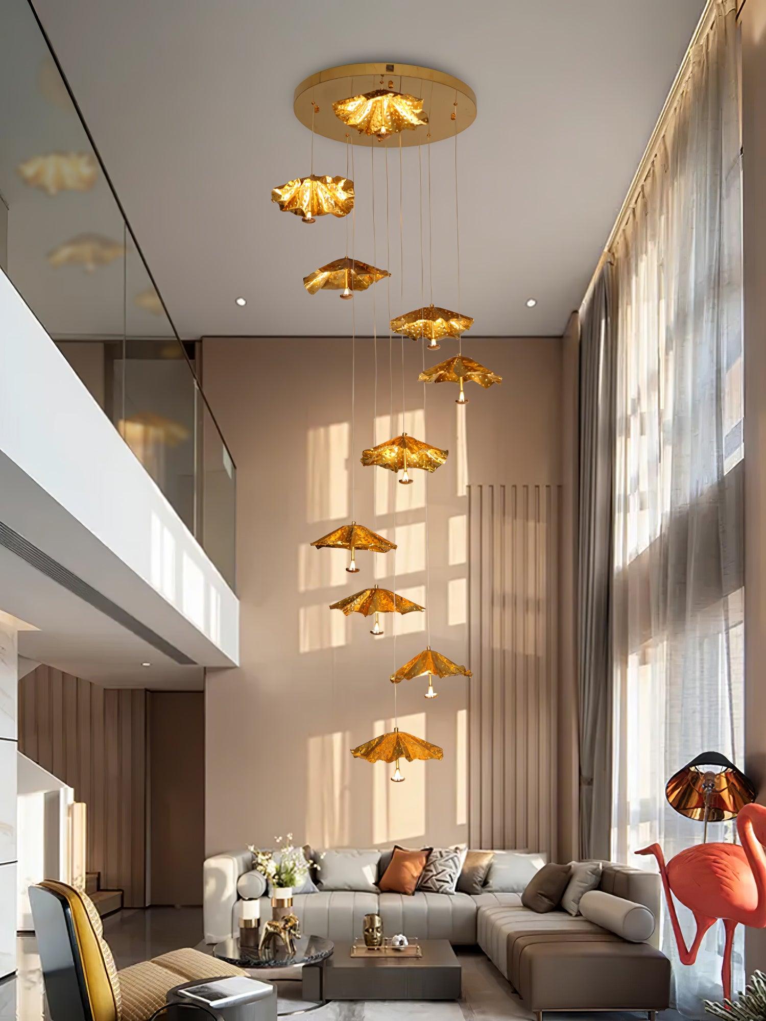 Modern Organic Brass Lotus Leaf LED Chandelier Hanging Ceiling Light Fixture