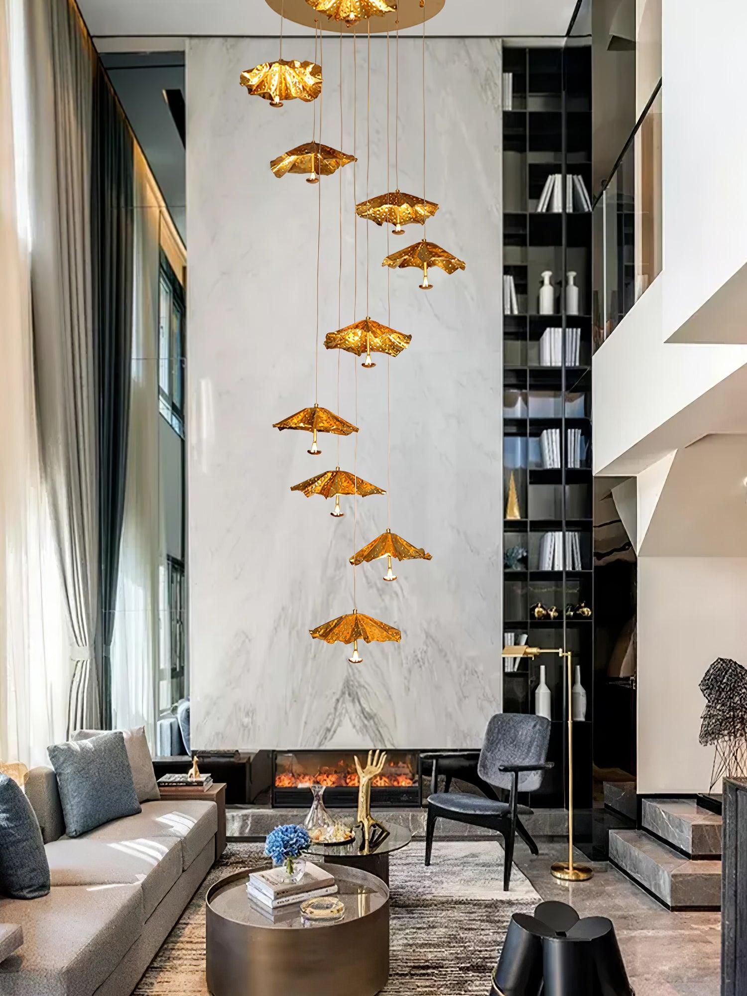 Modern Organic Brass Lotus Leaf LED Chandelier Hanging Ceiling Light Fixture