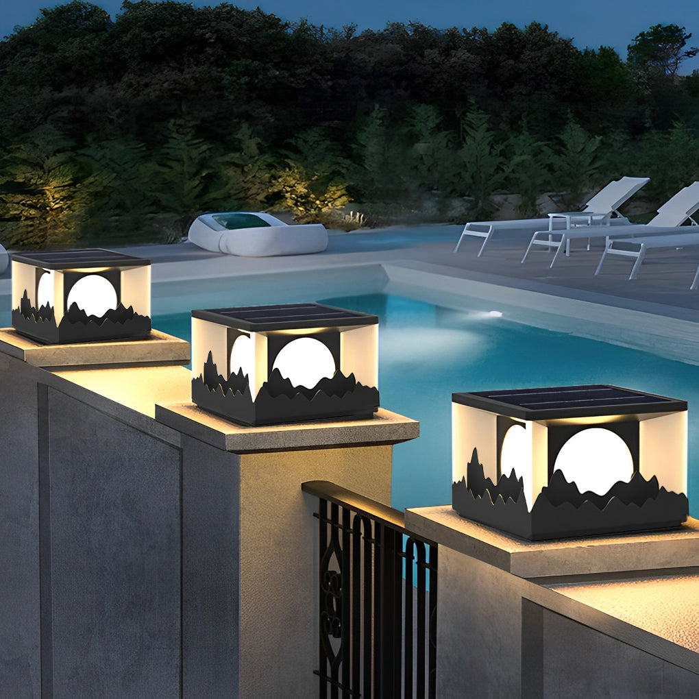 Modern Outdoor Solar Fence Post Lights Mountain Scenery Waterproof LED Landscape Pillar Lighting