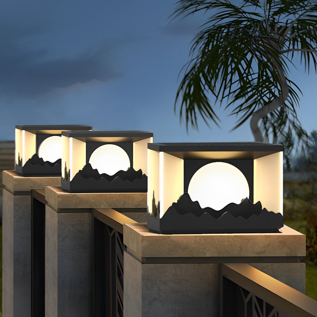 Modern Outdoor Solar Fence Post Lights Mountain Scenery Waterproof LED Landscape Pillar Lighting