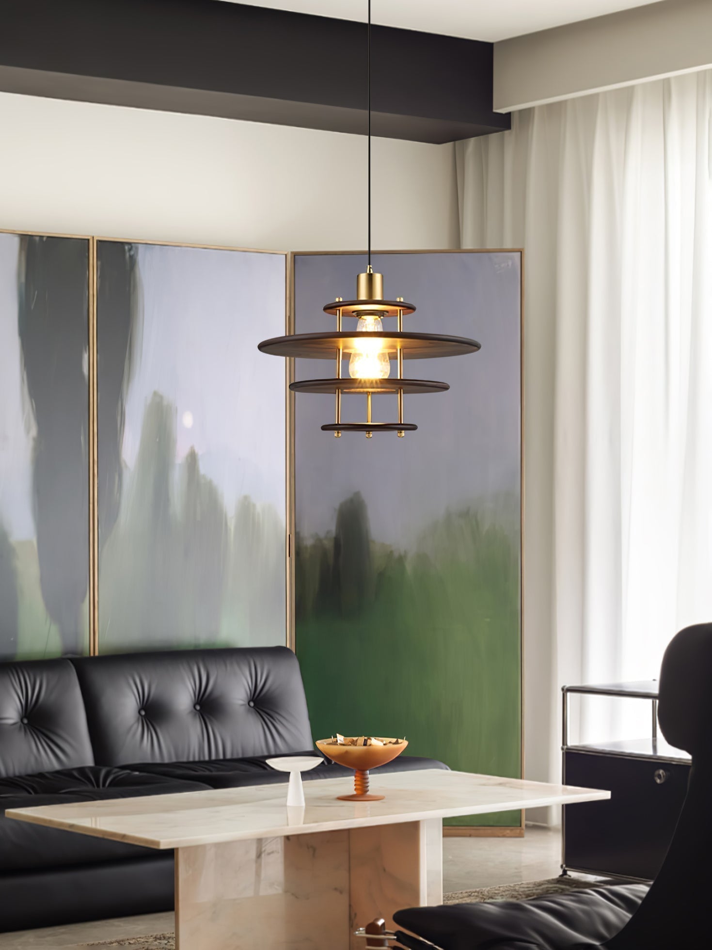 Modern Pendel Wood and Gold Geometric Pendant Light with Concentric Ring Design for Home Decor