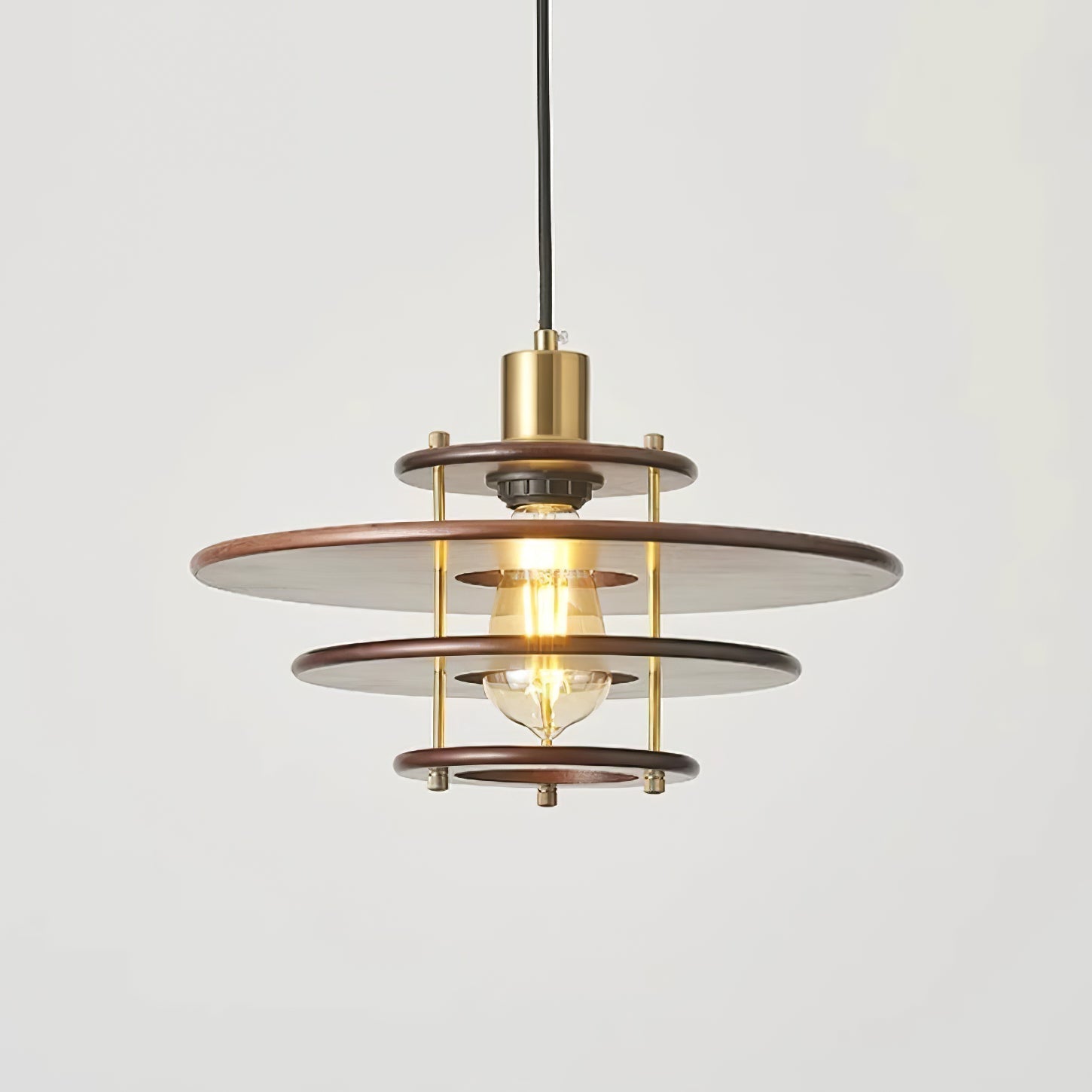 Modern Pendel Wood and Gold Geometric Pendant Light with Concentric Ring Design for Home Decor