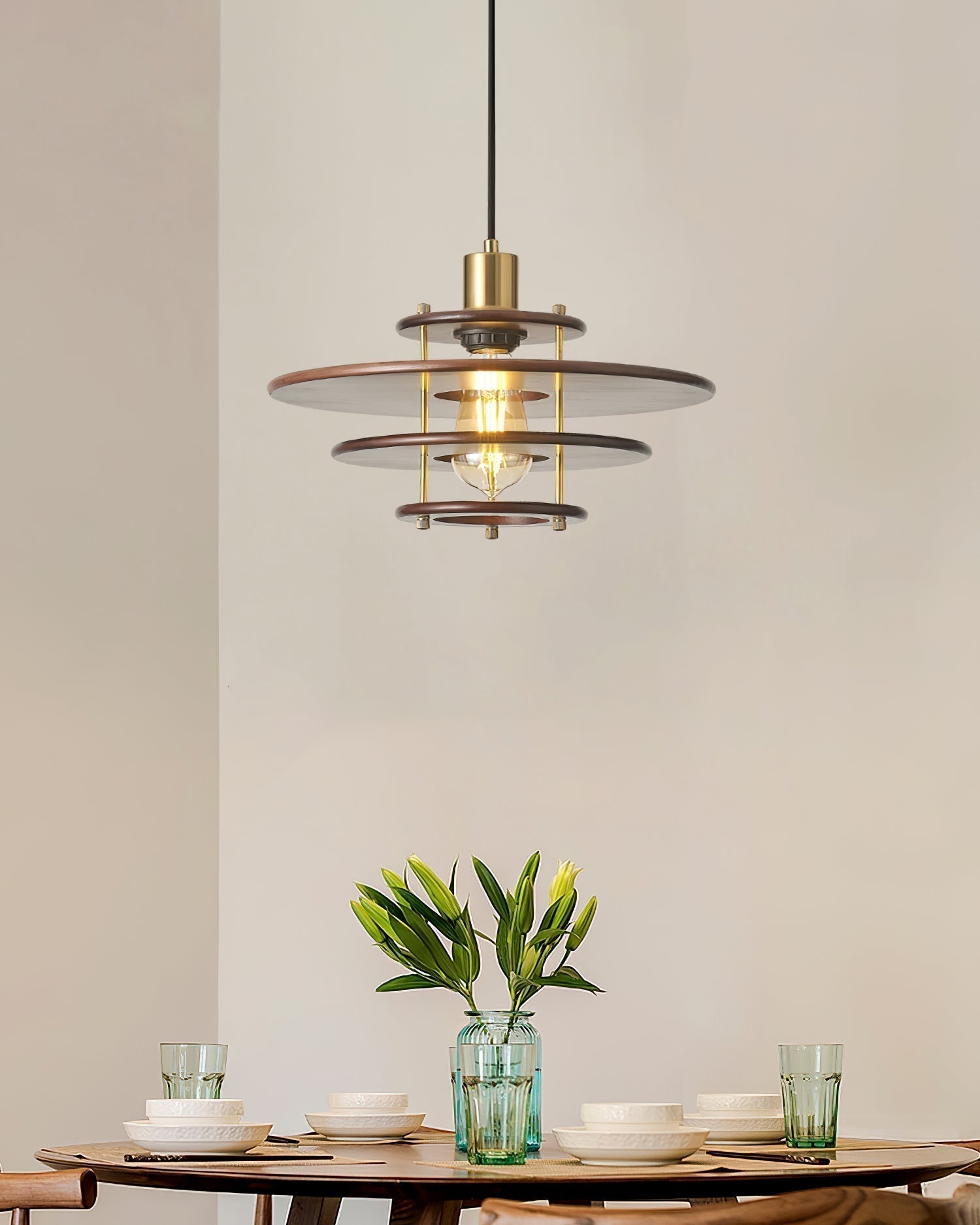 Modern Pendel Wood and Gold Geometric Pendant Light with Concentric Ring Design for Home Decor