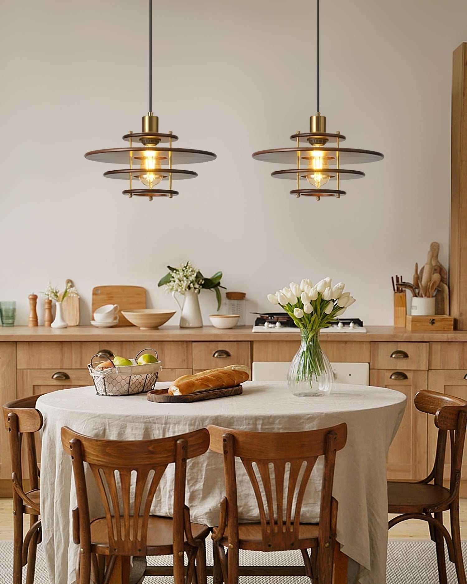 Modern Pendel Wood and Gold Geometric Pendant Light with Concentric Ring Design for Home Decor