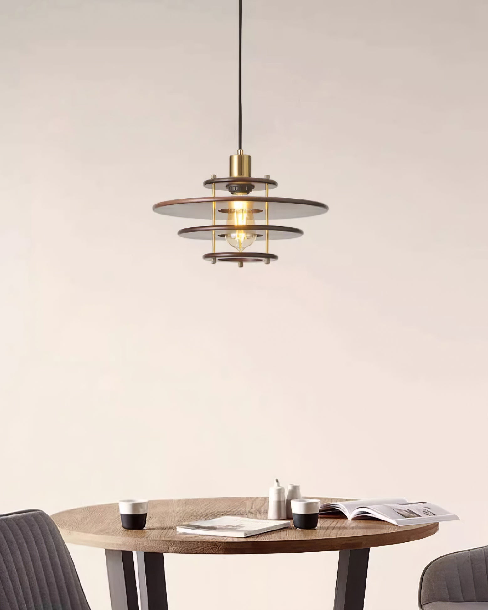 Modern Pendel Wood and Gold Geometric Pendant Light with Concentric Ring Design for Home Decor