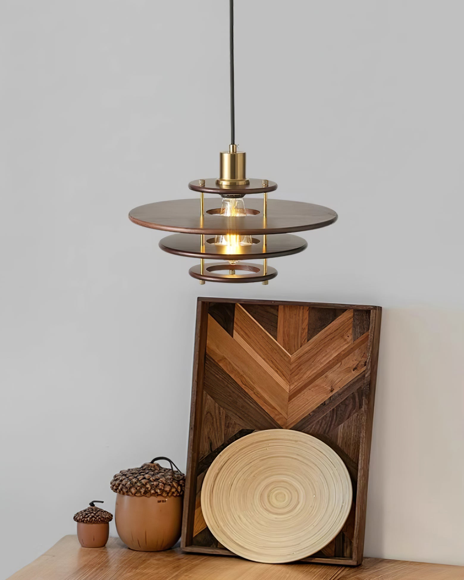 Modern Pendel Wood and Gold Geometric Pendant Light with Concentric Ring Design for Home Decor