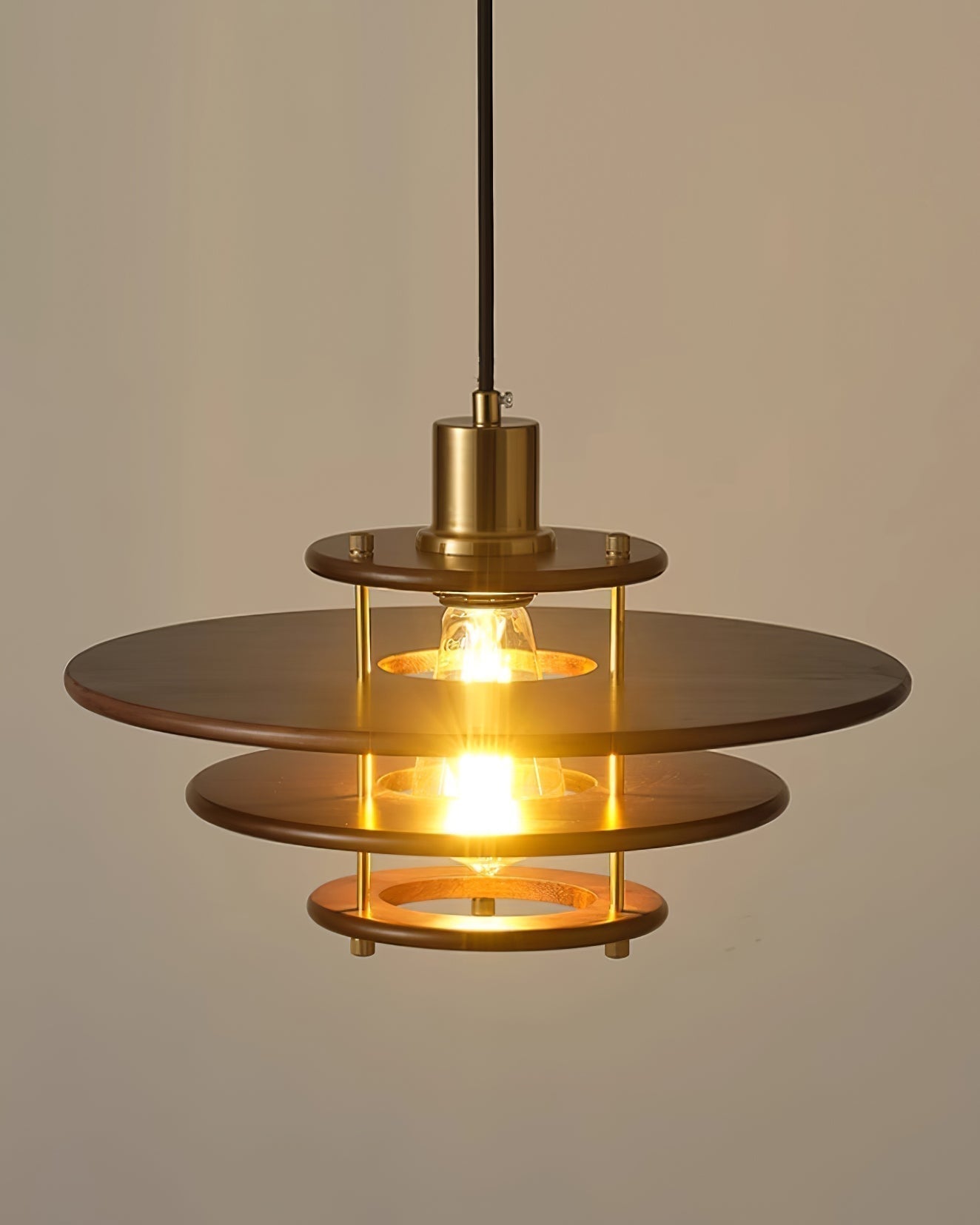 Modern Pendel Wood and Gold Geometric Pendant Light with Concentric Ring Design for Home Decor