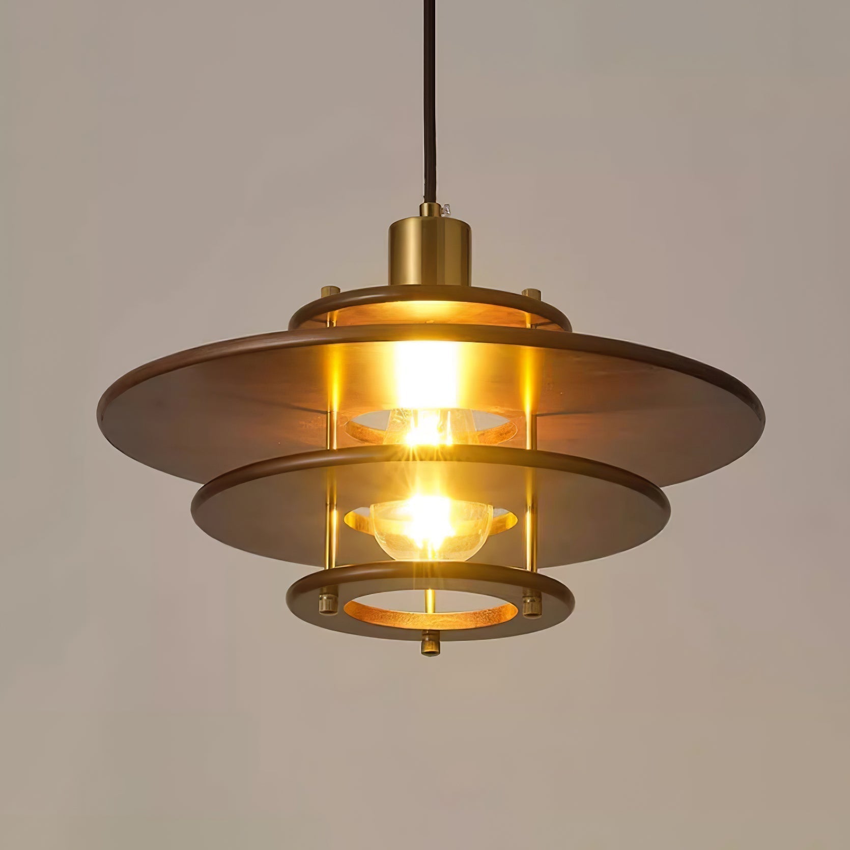 Modern Pendel Wood and Gold Geometric Pendant Light with Concentric Ring Design for Home Decor
