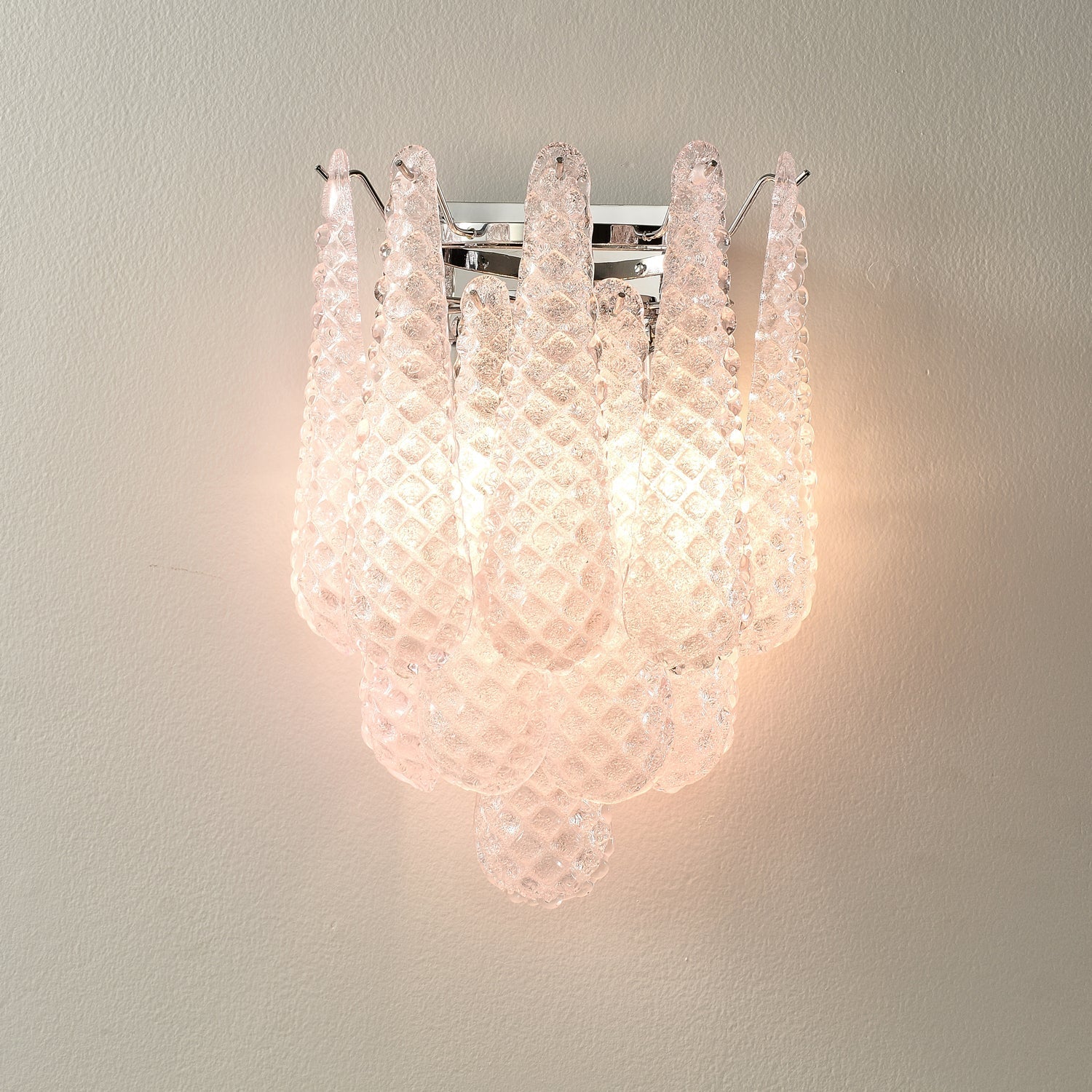 Modern Pink Waffle Pattern Glass Wall Sconce with Chrome Metal Finish Interior Lighting