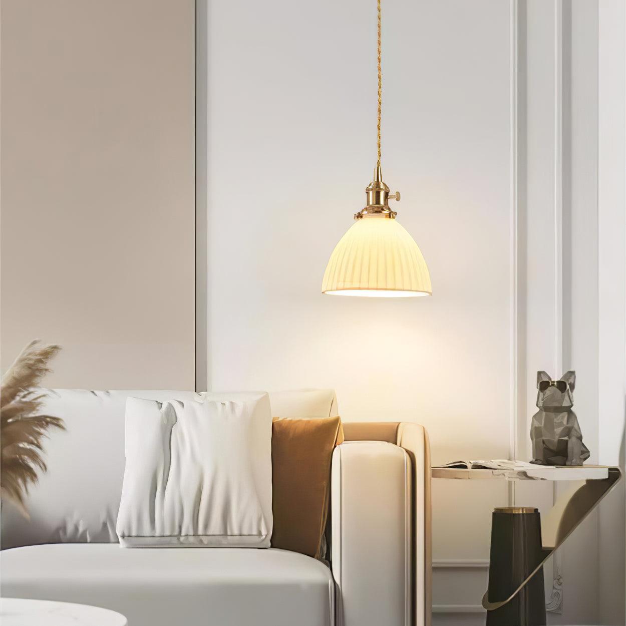 Modern Pleated Ceramic Hanging Pendant Light with Brass Accents for Dining Room
