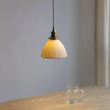 Modern Pleated Ceramic Hanging Pendant Light with Brass Accents for Dining Room