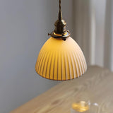Modern Pleated Ceramic Hanging Pendant Light with Brass Accents for Dining Room
