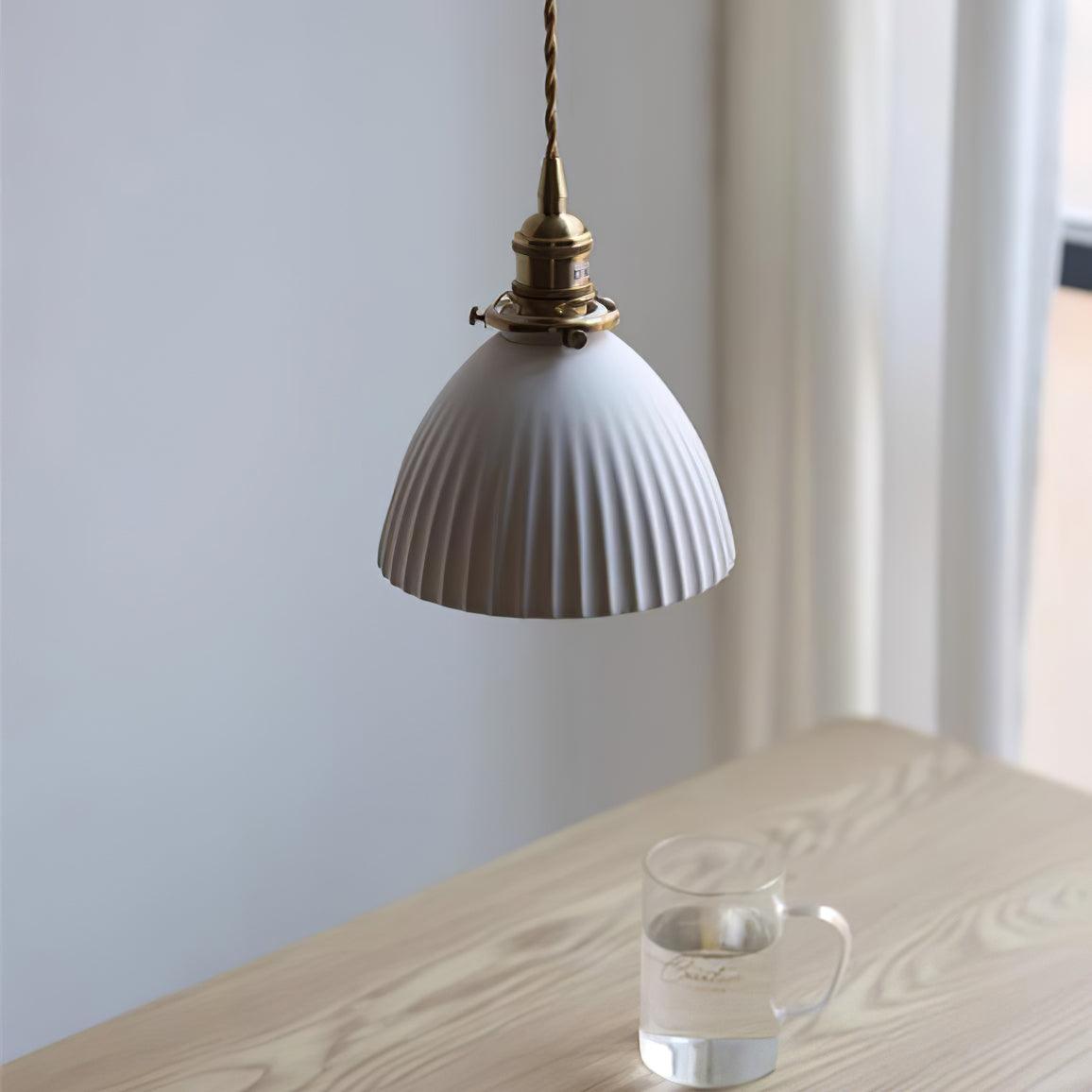 Modern Pleated Ceramic Hanging Pendant Light with Brass Accents for Dining Room