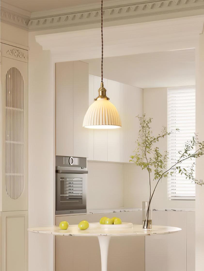 Modern Pleated Ceramic Hanging Pendant Light with Brass Accents for Dining Room