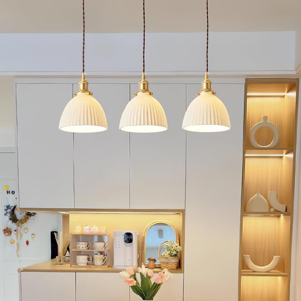 Modern Pleated Ceramic Hanging Pendant Light with Brass Accents for Dining Room