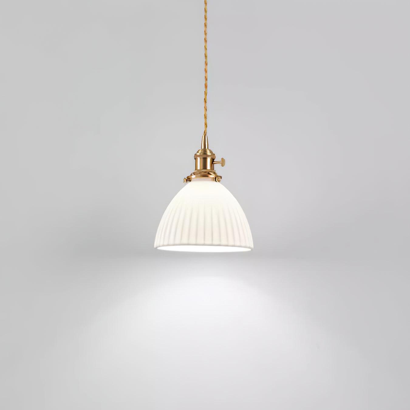 Modern Pleated Ceramic Hanging Pendant Light with Brass Accents for Dining Room