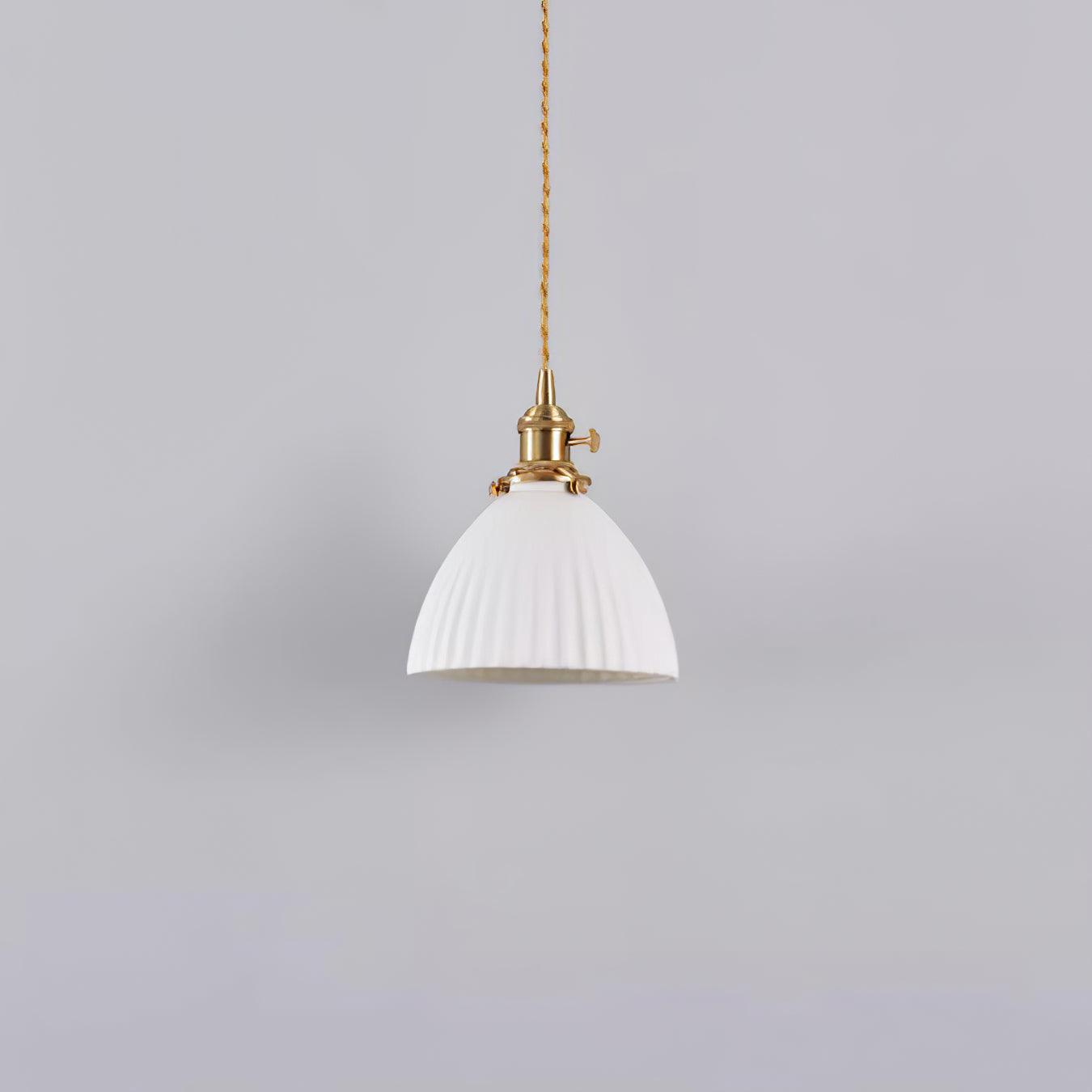 Modern Pleated Ceramic Hanging Pendant Light with Brass Accents for Dining Room