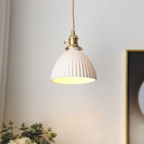 Modern Pleated Ceramic Hanging Pendant Light with Brass Accents for Dining Room