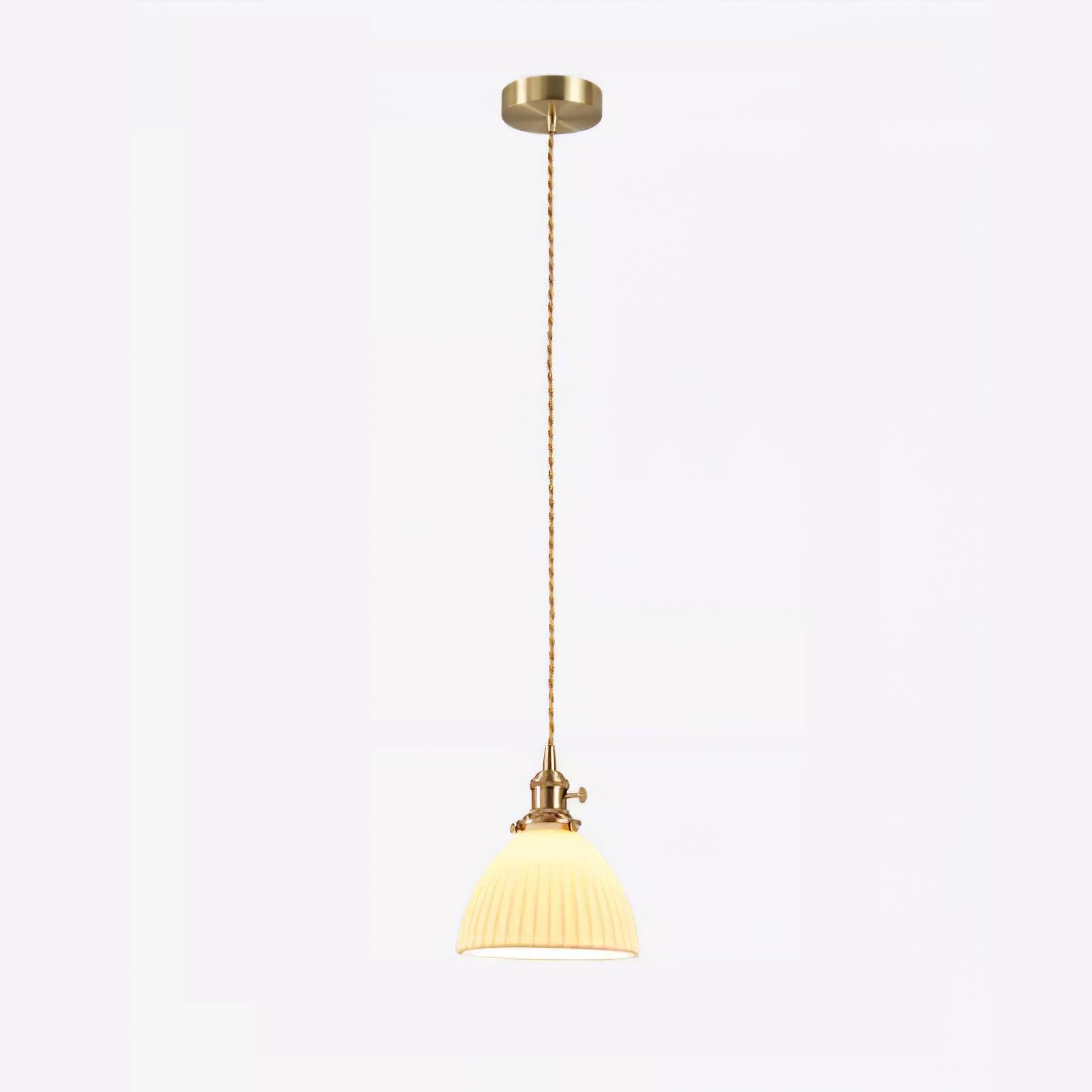 Modern Pleated Ceramic Hanging Pendant Light with Brass Accents for Dining Room