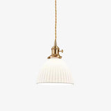 Modern Pleated Ceramic Hanging Pendant Light with Brass Accents for Dining Room