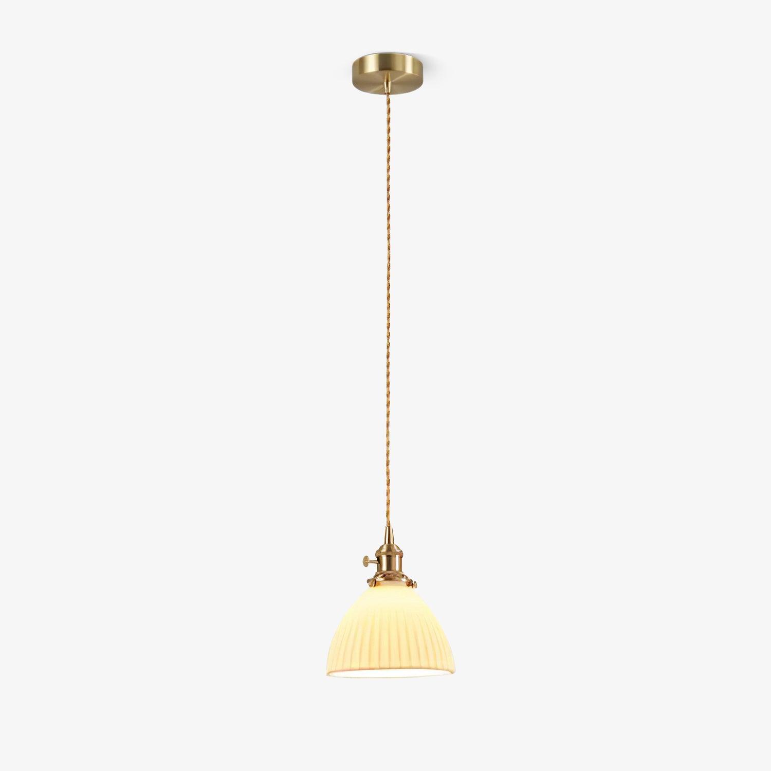 Modern Pleated Ceramic Hanging Pendant Light with Brass Accents for Dining Room