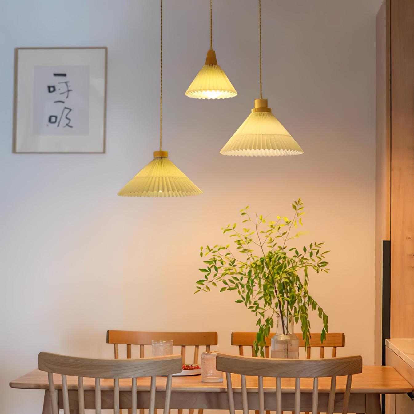 Modern Pleated Fabric and Wood Pendant Light for Living Room and Bedroom