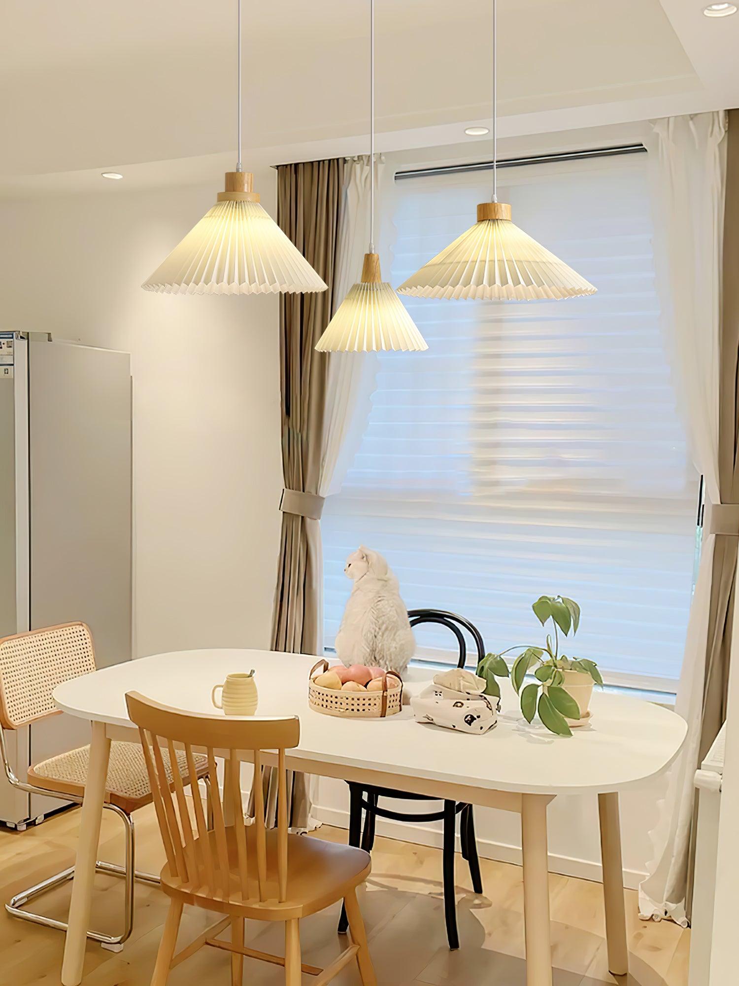 Modern Pleated Fabric and Wood Pendant Light for Living Room and Bedroom