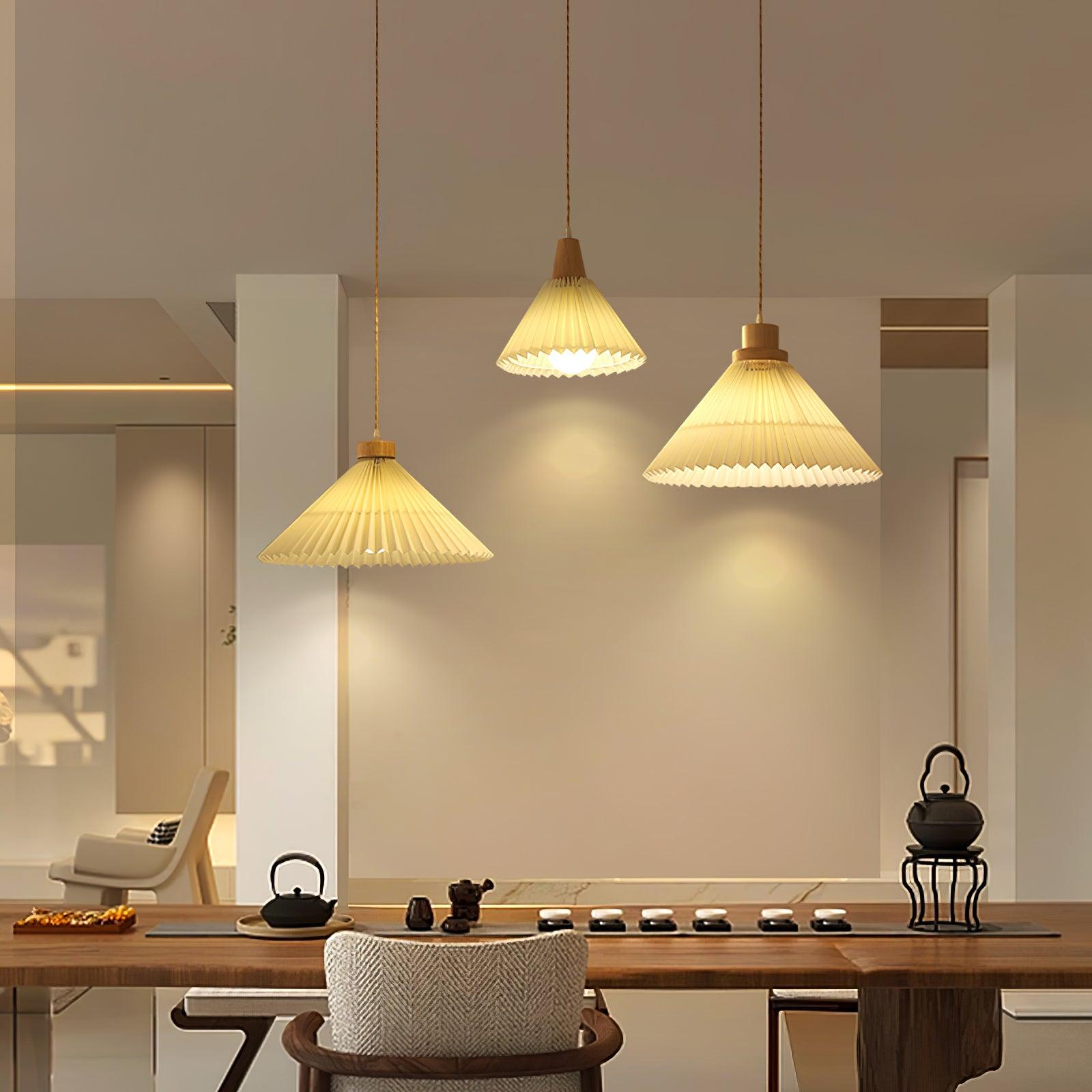 Modern Pleated Fabric and Wood Pendant Light for Living Room and Bedroom