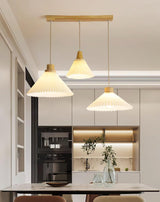 Modern Pleated Fabric and Wood Pendant Light for Living Room and Bedroom