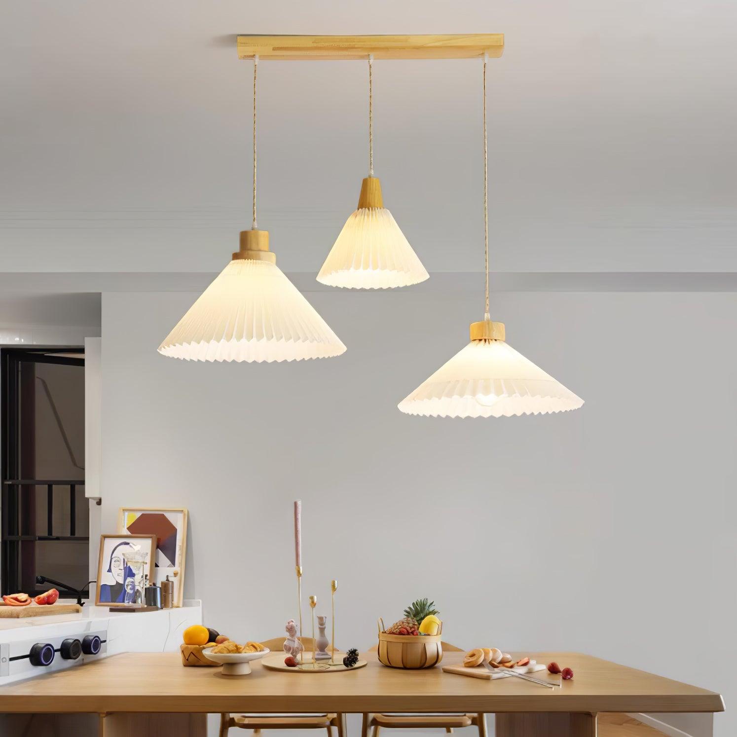 Modern Pleated Fabric and Wood Pendant Light for Living Room and Bedroom