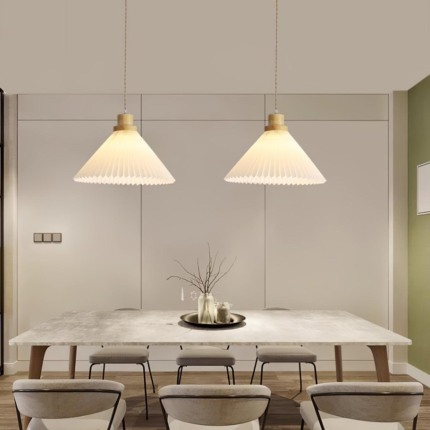 Modern Pleated Fabric and Wood Pendant Light for Living Room and Bedroom