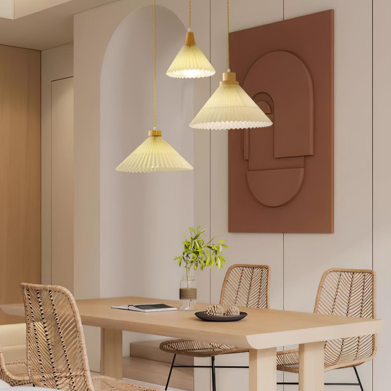 Modern Pleated Fabric and Wood Pendant Light for Living Room and Bedroom