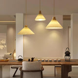 Modern Pleated Fabric and Wood Pendant Light for Living Room and Bedroom