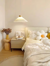 Modern Pleated Fabric and Wood Pendant Light for Living Room and Bedroom