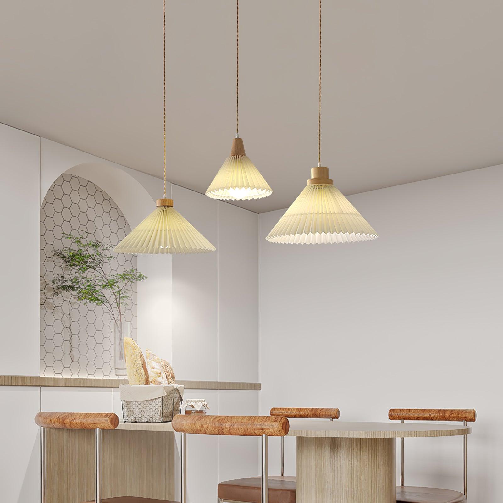 Modern Pleated Fabric and Wood Pendant Light for Living Room and Bedroom