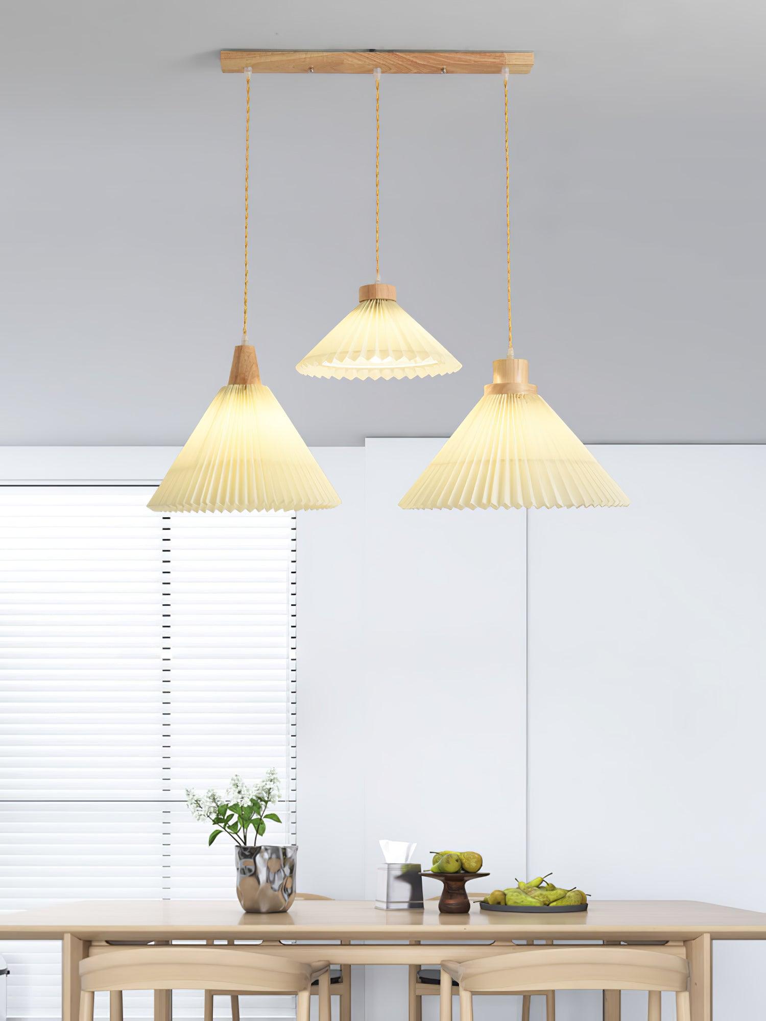 Modern Pleated Fabric and Wood Pendant Light for Living Room and Bedroom