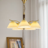 Modern Pleated Fabric Chandelier with Walnut Wood and Brass Accents for Contemporary Interiors