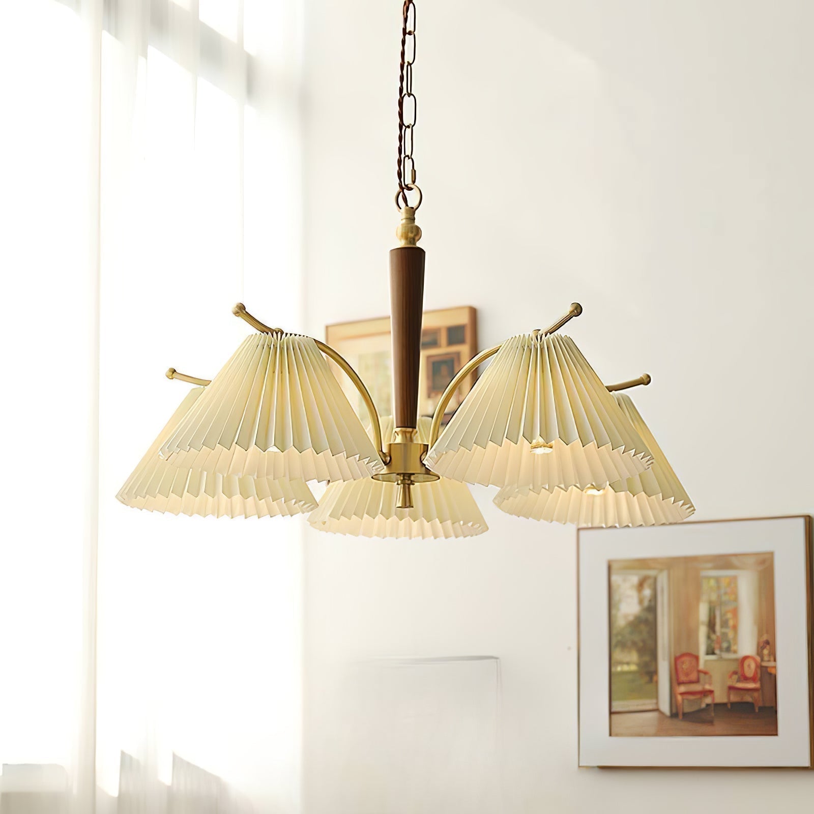 Modern Pleated Fabric Chandelier with Walnut Wood and Brass Accents for Contemporary Interiors