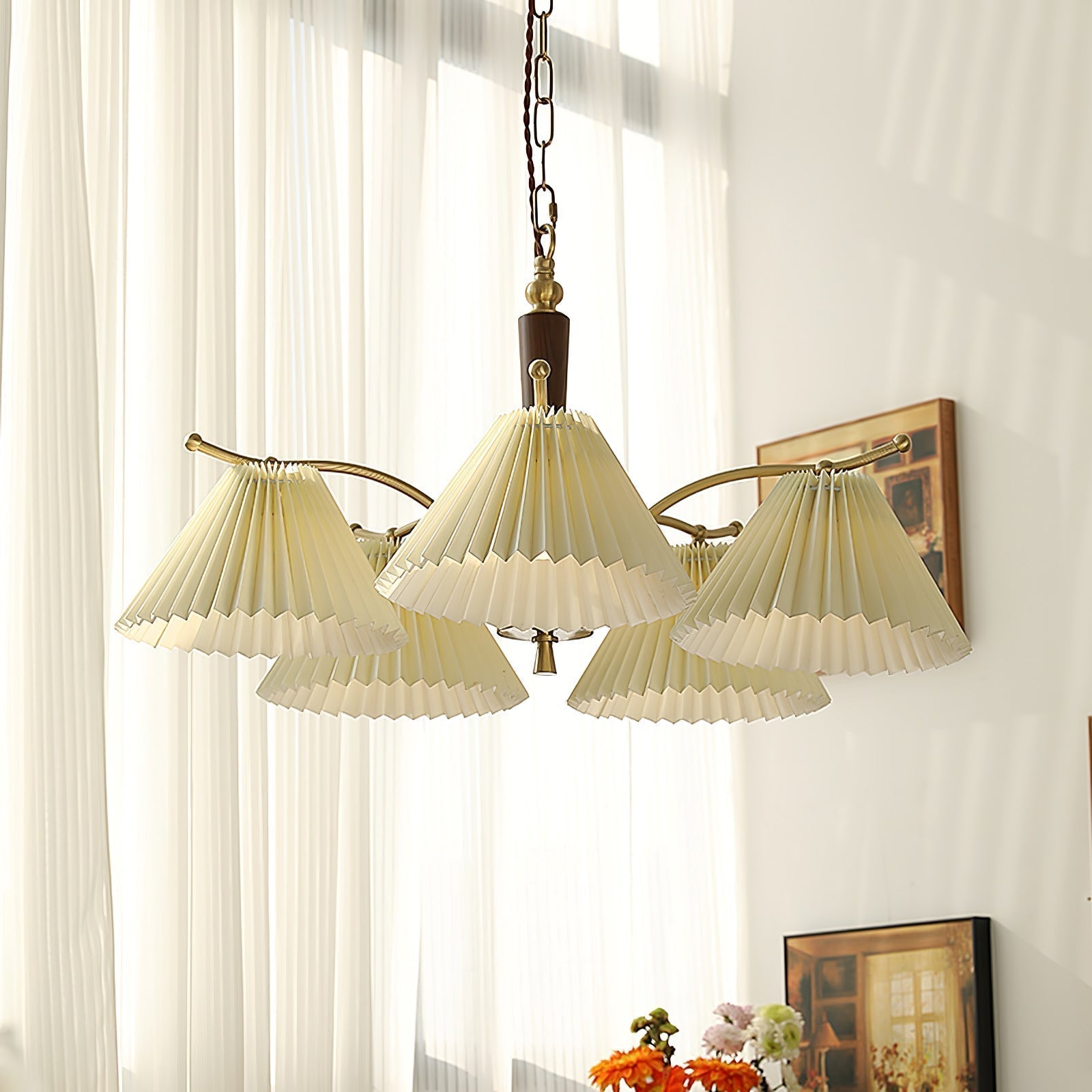 Modern Pleated Fabric Chandelier with Walnut Wood and Brass Accents for Contemporary Interiors