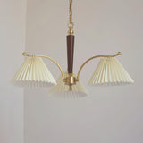 Modern Pleated Fabric Chandelier with Walnut Wood and Brass Accents for Contemporary Interiors