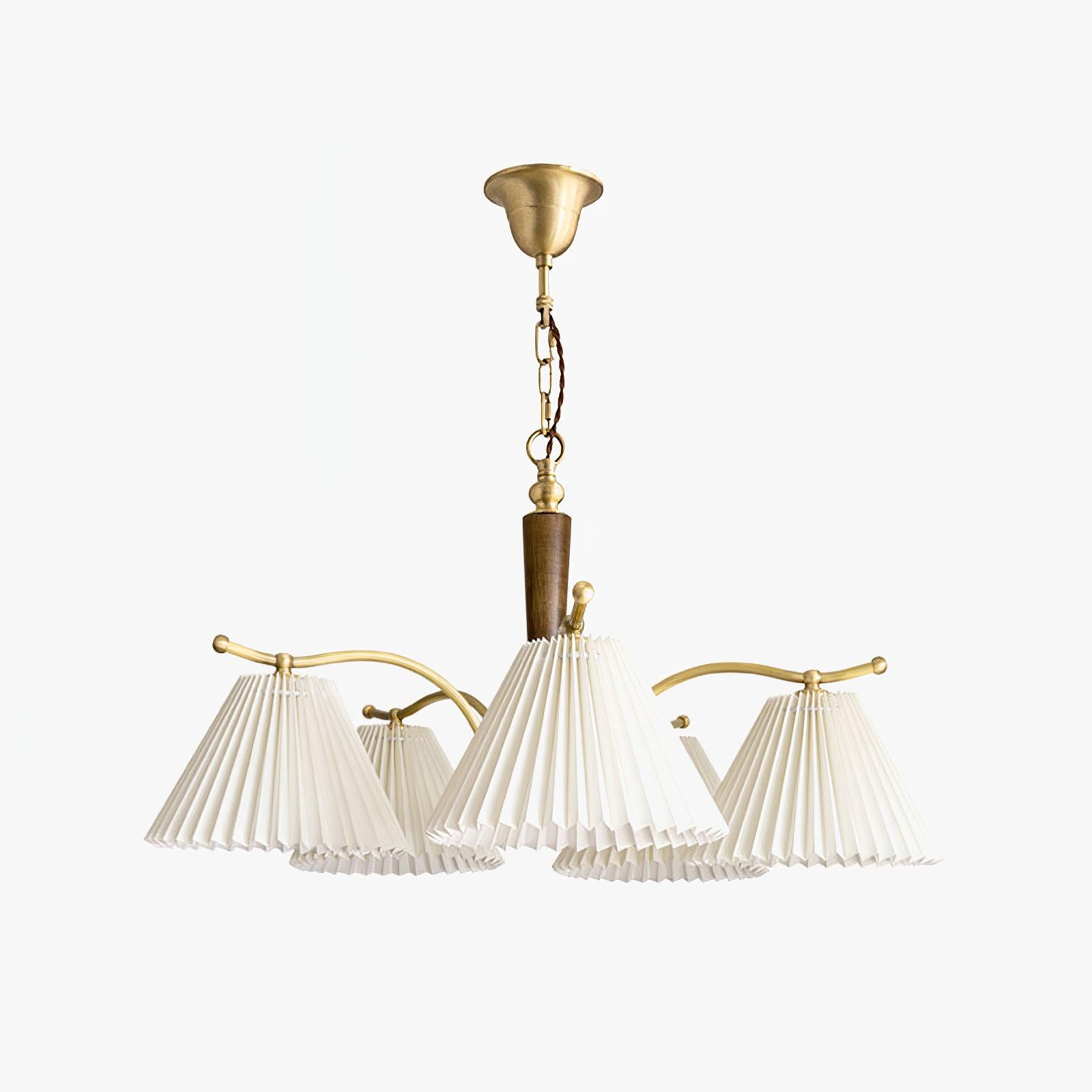 Modern Pleated Fabric Chandelier with Walnut Wood and Brass Accents for Contemporary Interiors
