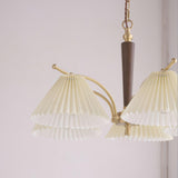 Modern Pleated Fabric Chandelier with Walnut Wood and Brass Accents for Contemporary Interiors