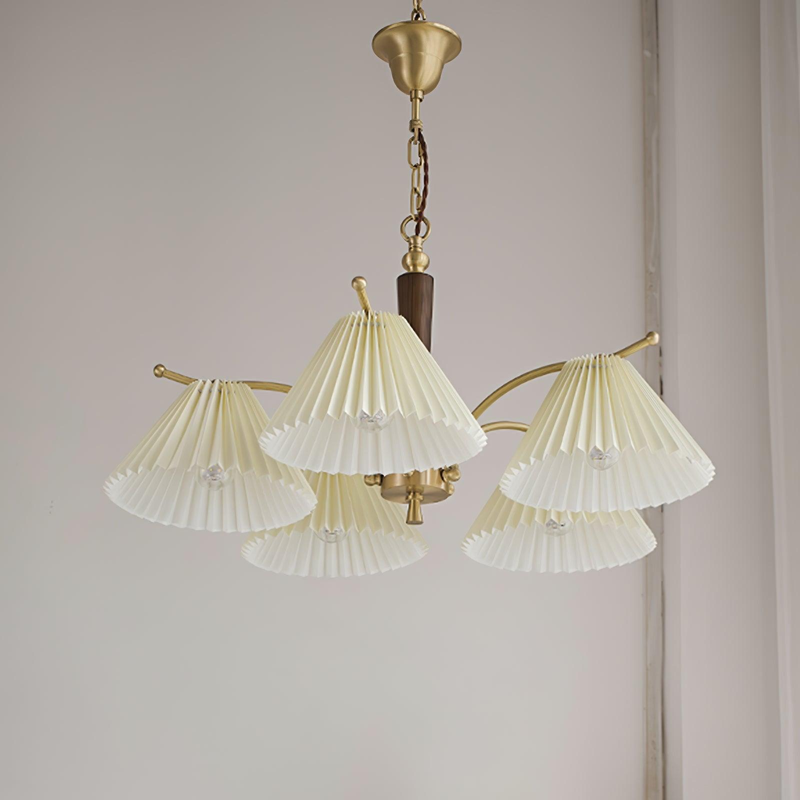 Modern Pleated Fabric Chandelier with Walnut Wood and Brass Accents for Contemporary Interiors