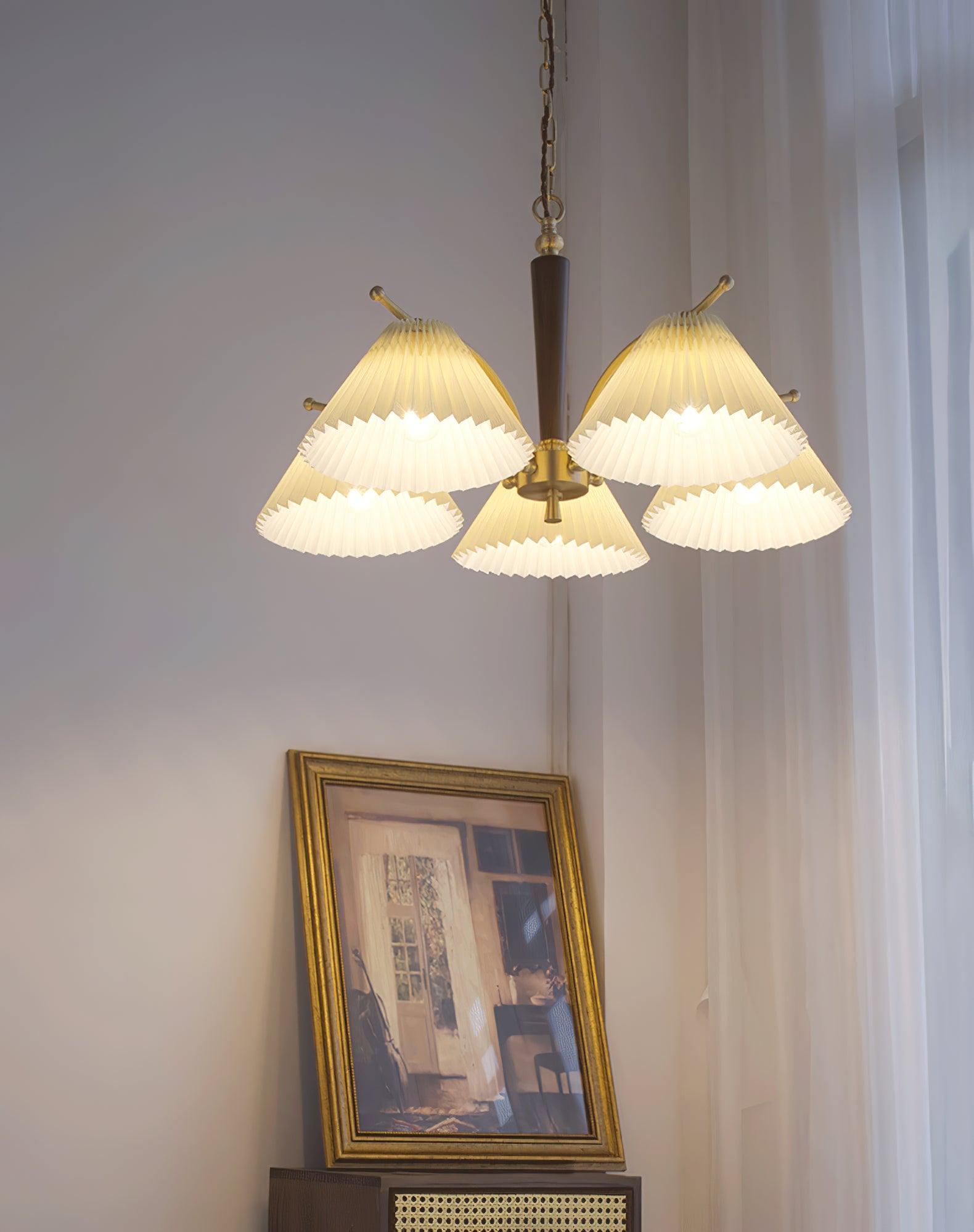Modern Pleated Fabric Chandelier with Walnut Wood and Brass Accents for Contemporary Interiors