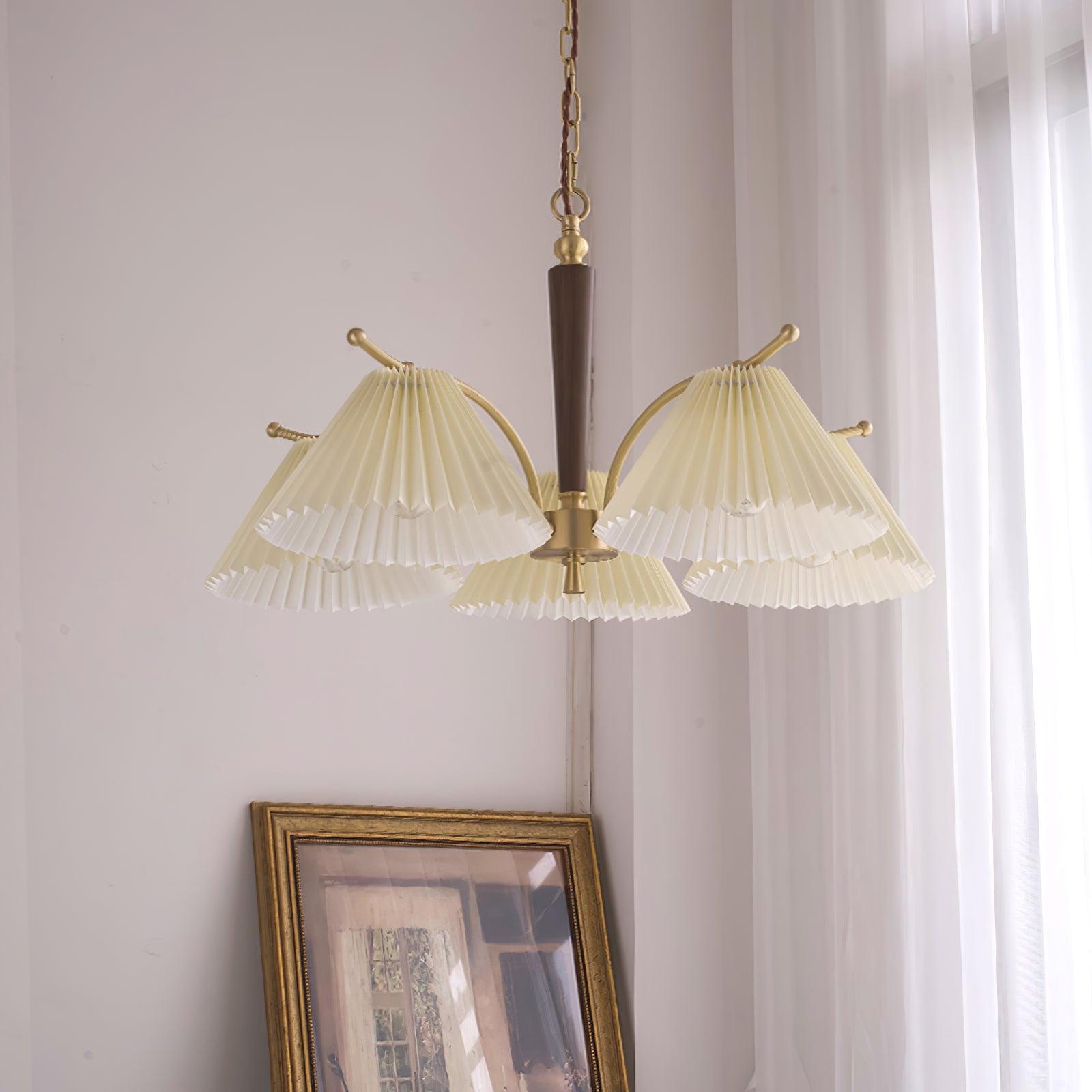 Modern Pleated Fabric Chandelier with Walnut Wood and Brass Accents for Contemporary Interiors