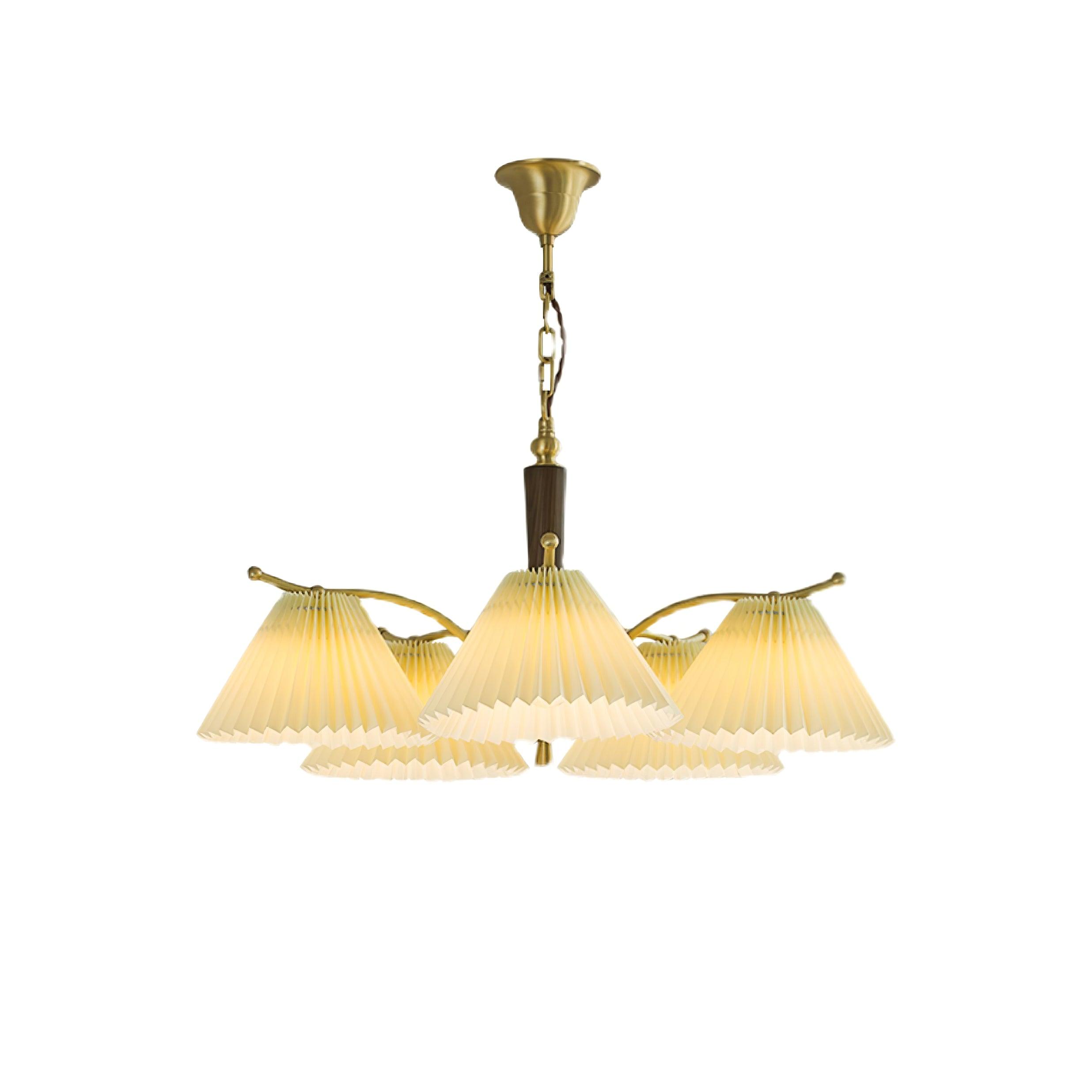 Modern Pleated Fabric Chandelier with Walnut Wood and Brass Accents for Contemporary Interiors